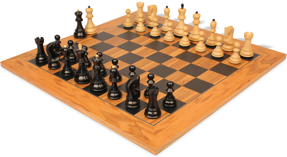 Zagreb Series Chess Set - Ebonized & Boxwood Pieces - Olive Wood & Black Deluxe Chess Board - 3.25" King